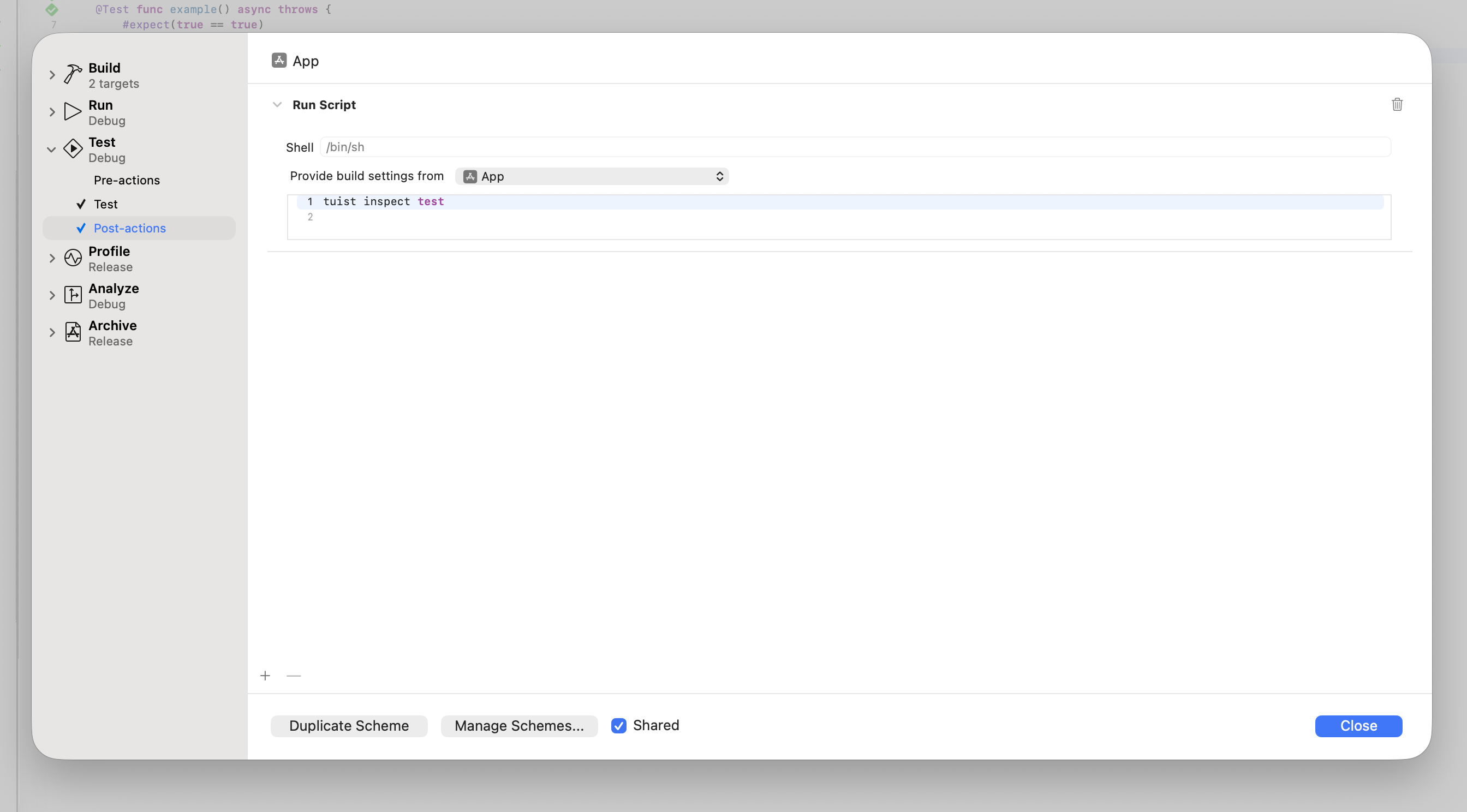 Post-action for inspecting tests